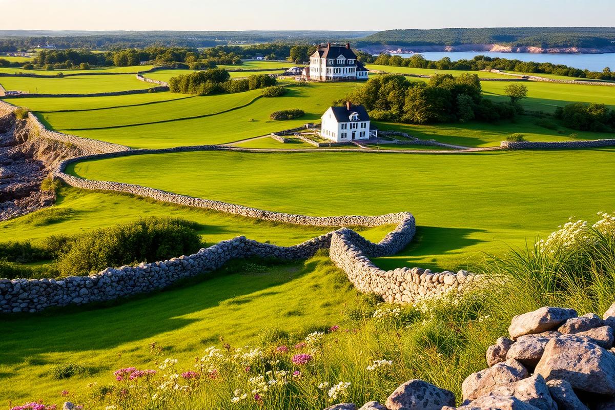 Rhode Island coastal farmland with stone walls and white clapboard farmhouse overlooking Narragansett Bay