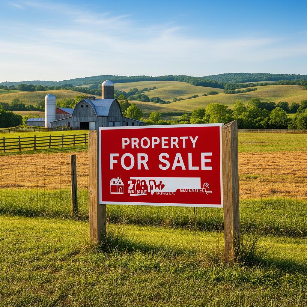 Rural property for sale sign in front of farmland with barn