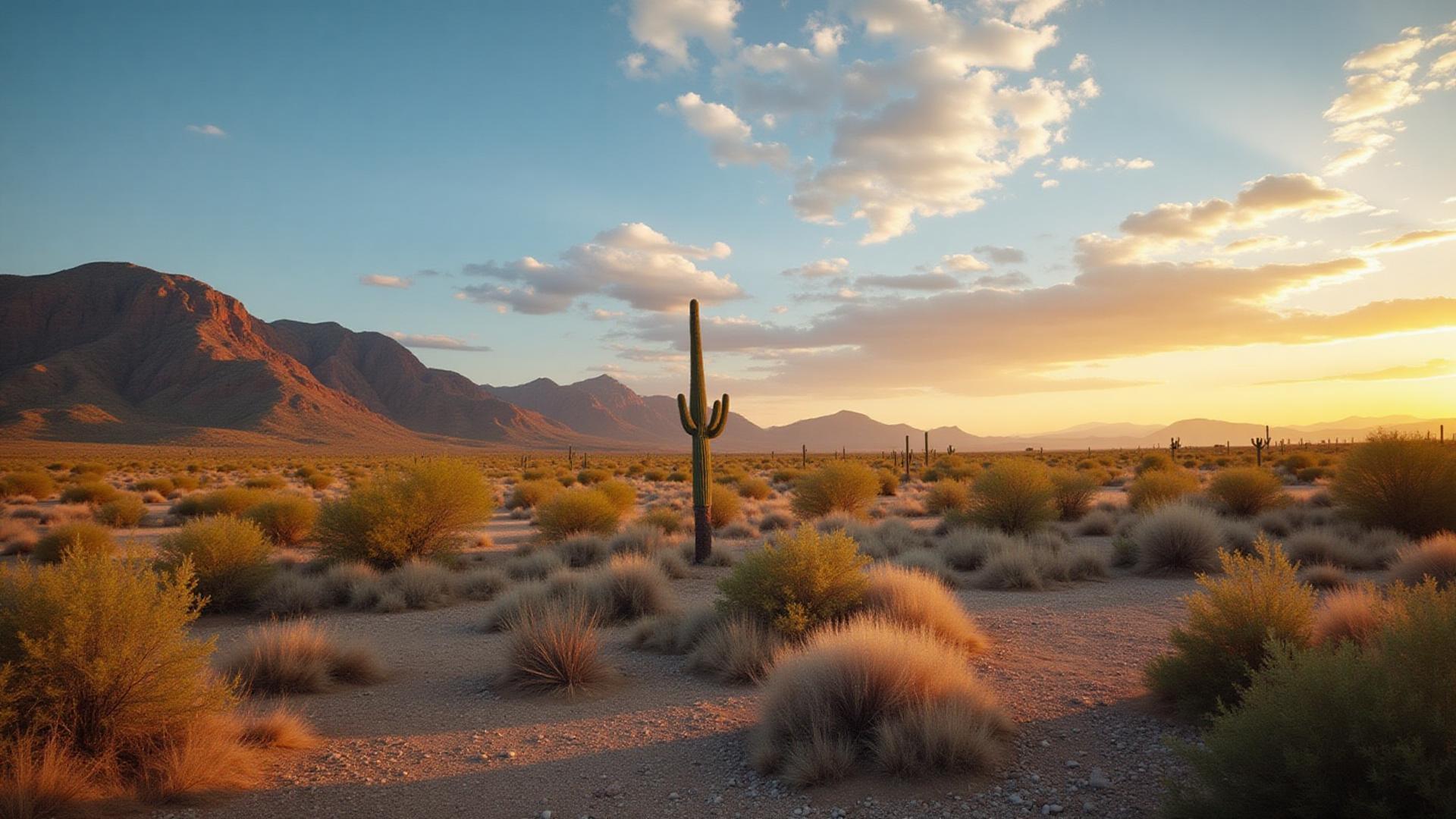 Desert land with mountain views at sunset in Santa Cruz County