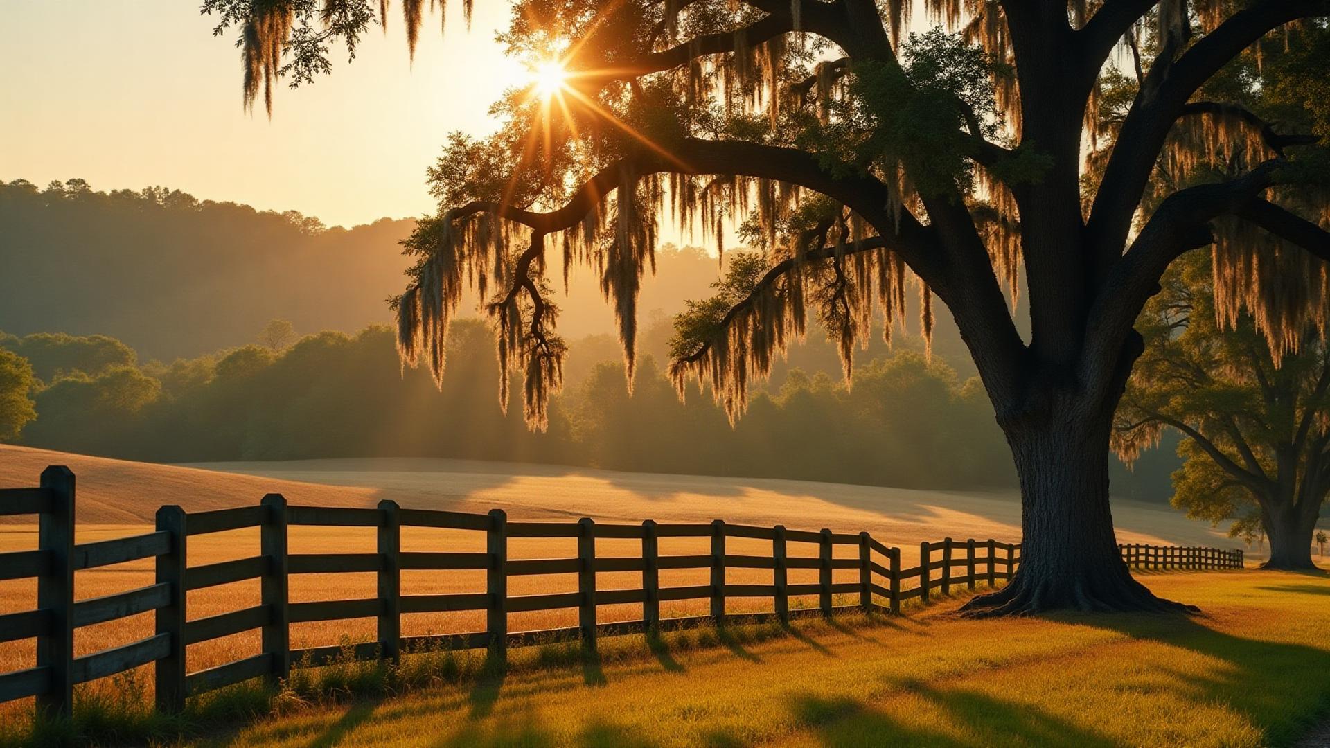 Inherited South Carolina farmland with oak trees and Spanish moss at golden hour