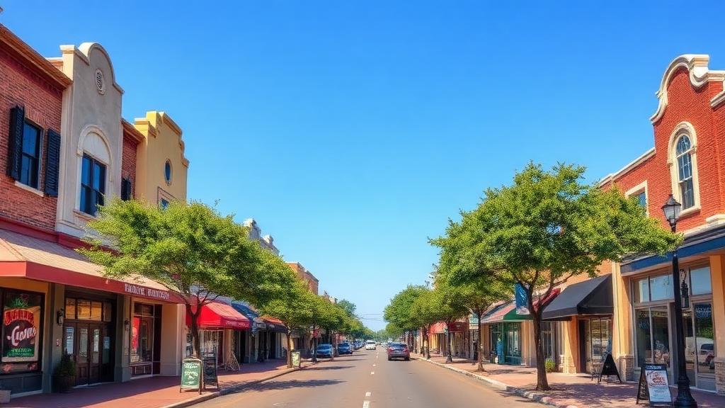 Main street of Schertz Texas with local shops and community businesses