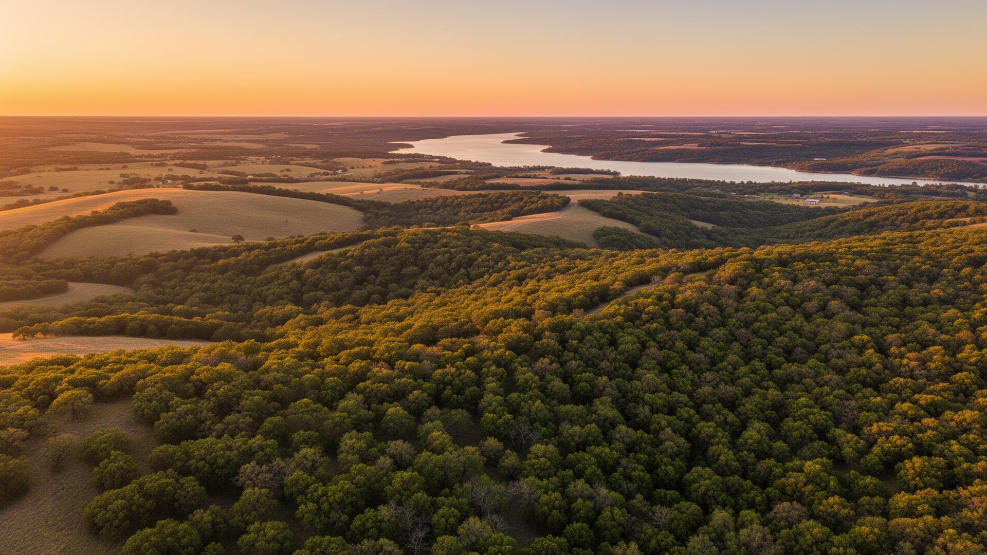 Aerial view of Sequoyah County Oklahoma land with Robert S. Kerr Lake