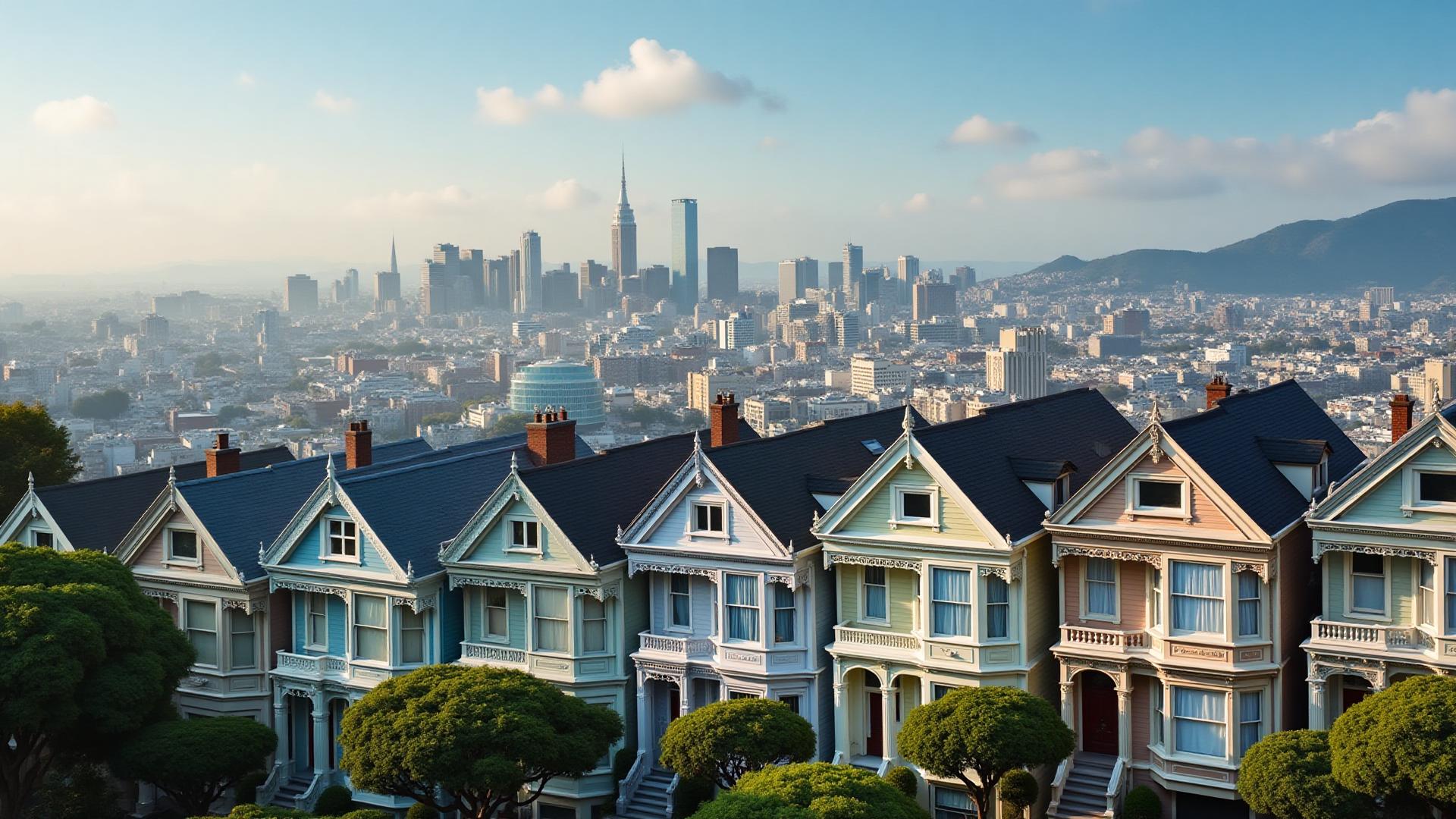 San Francisco cityscape showing Victorian houses with modern skyline