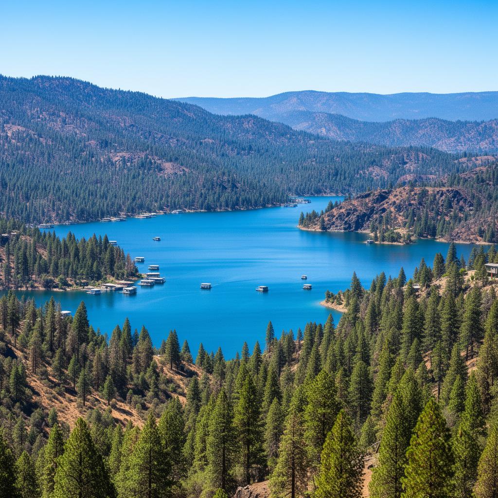 Shasta Lake California with houseboats and forested hills