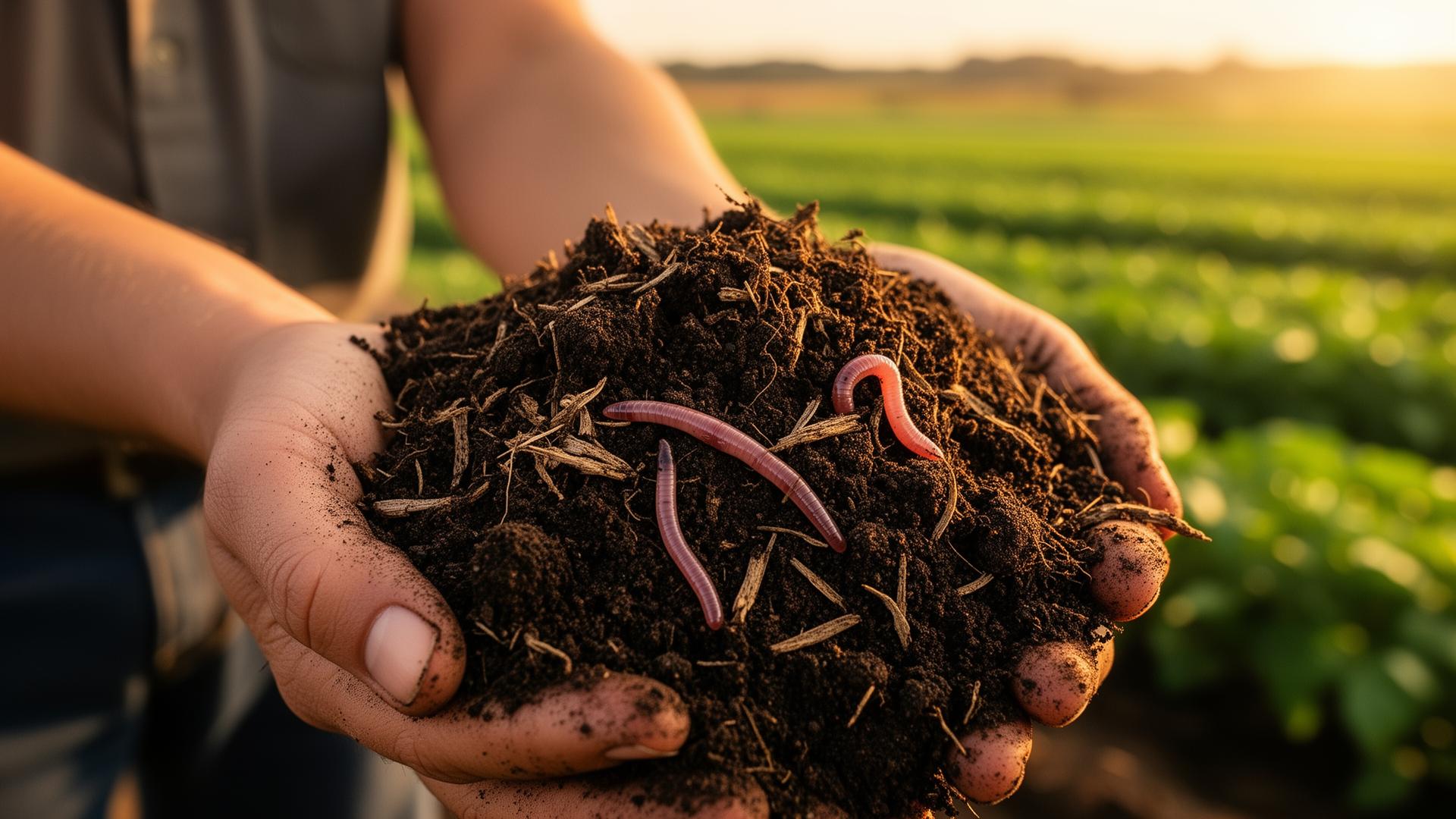 Hands holding rich dark soil with earthworms on rural farmland