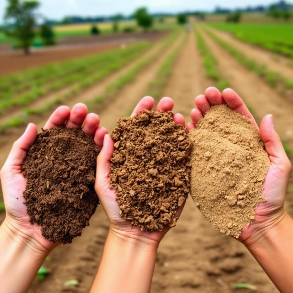 Comparison of different soil types showing loamy, clay, and sandy soil textures
