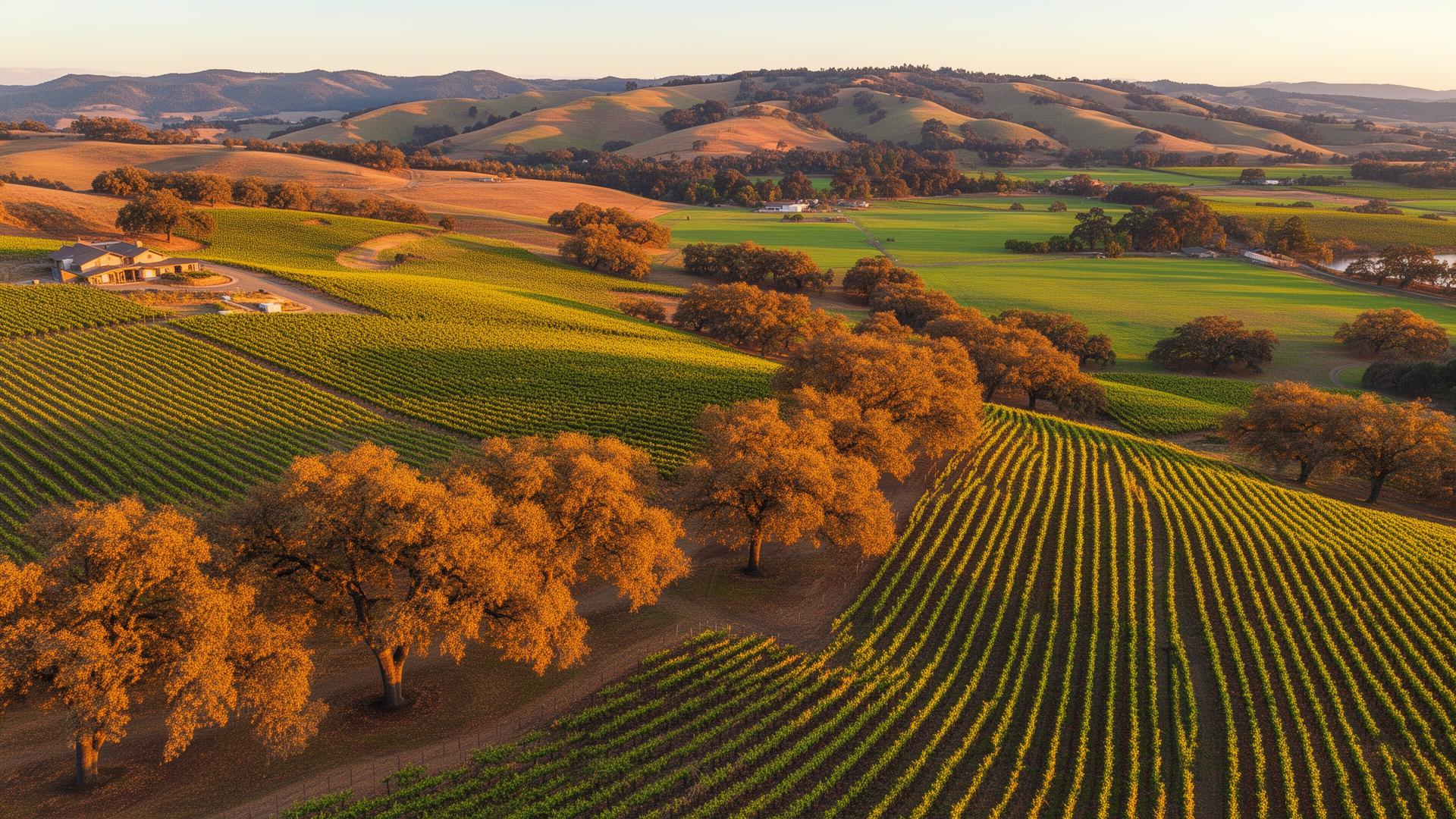Sonoma County California wine country rolling hills and vineyards