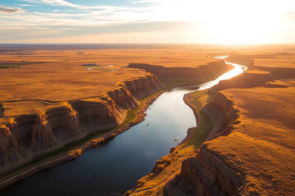 Missouri River breaks and golden rangeland in South Dakota