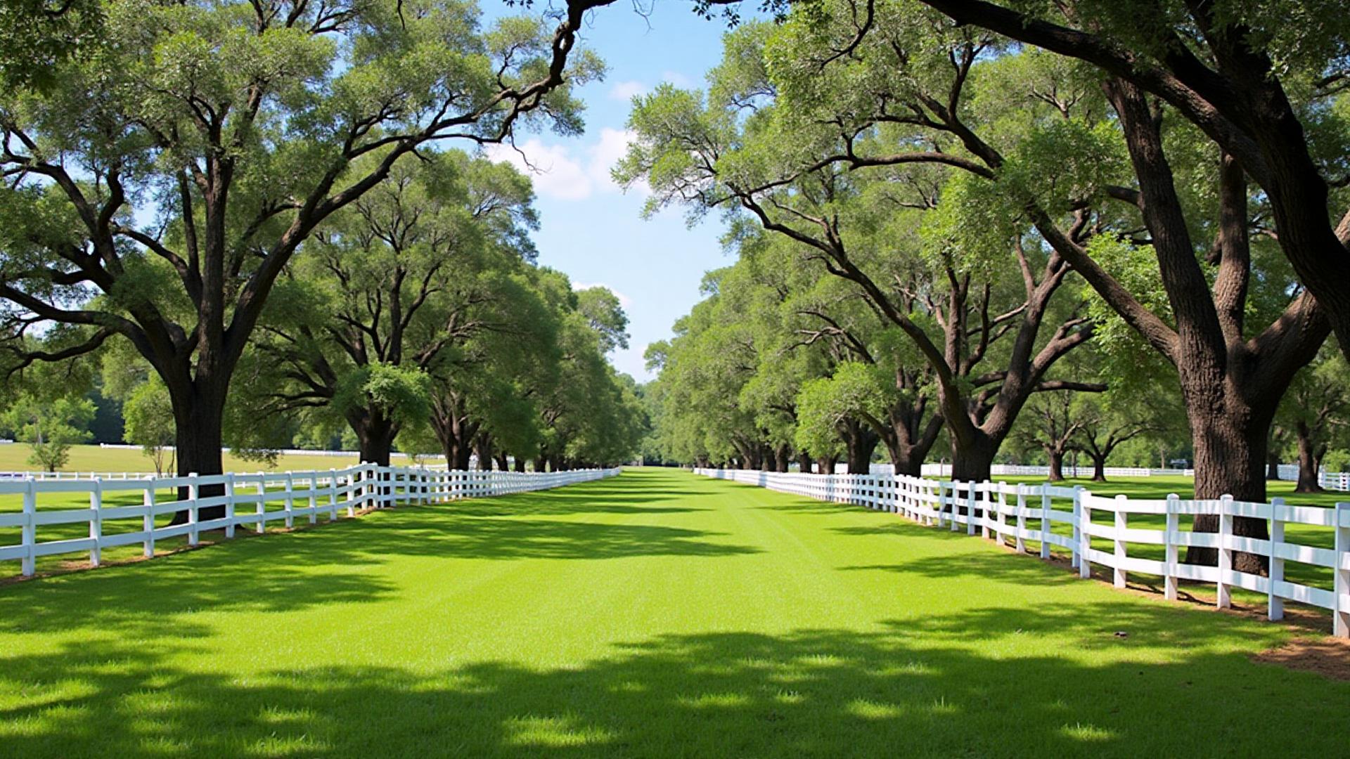 Equestrian land in Aiken with white fencing and oak trees