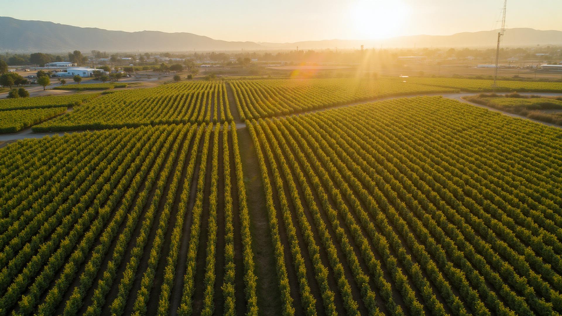 Aerial view of Stanislaus County California almond orchards and farmland