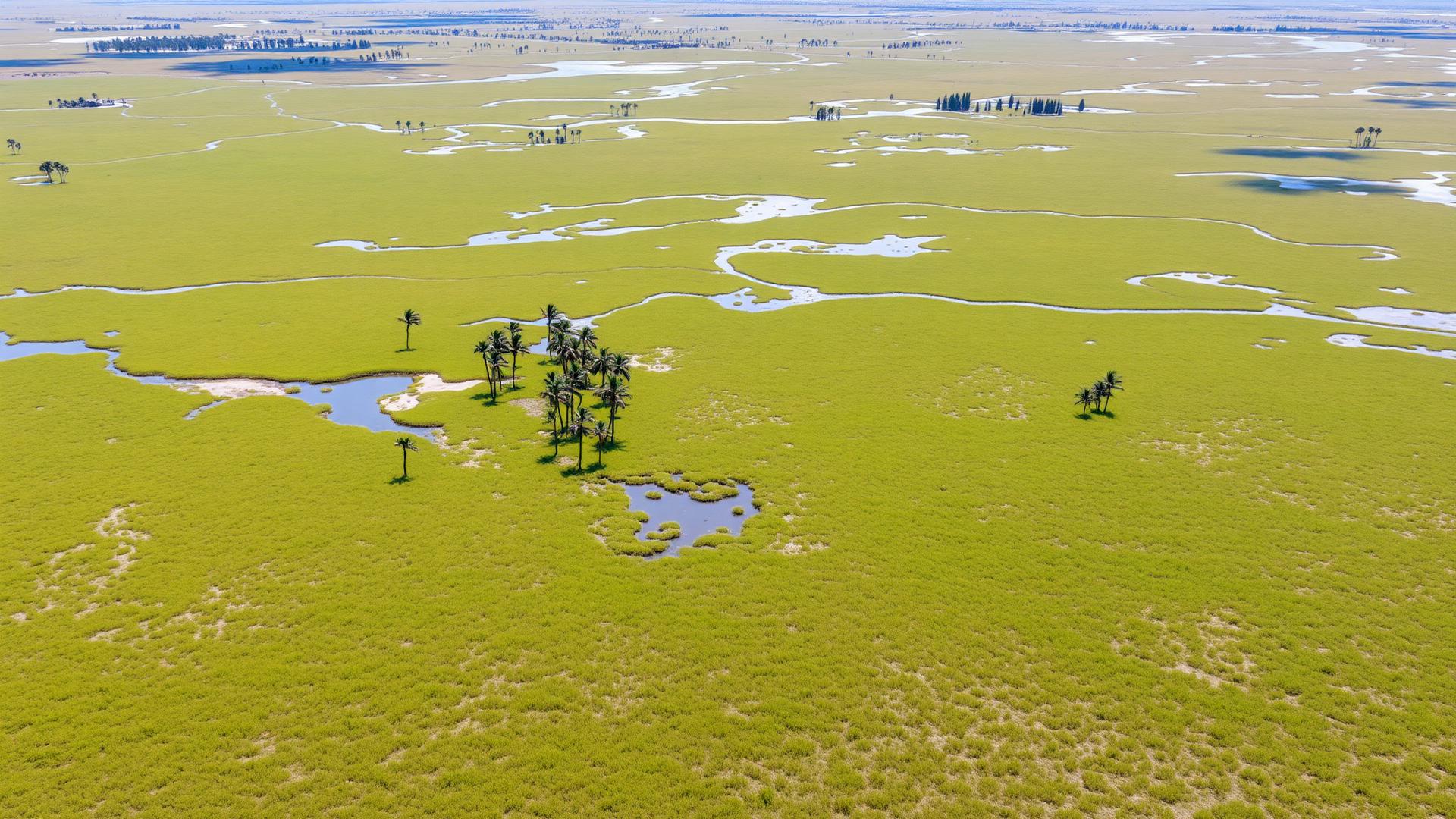 Aerial view of Florida land with palm trees and wetlands available for cash sale