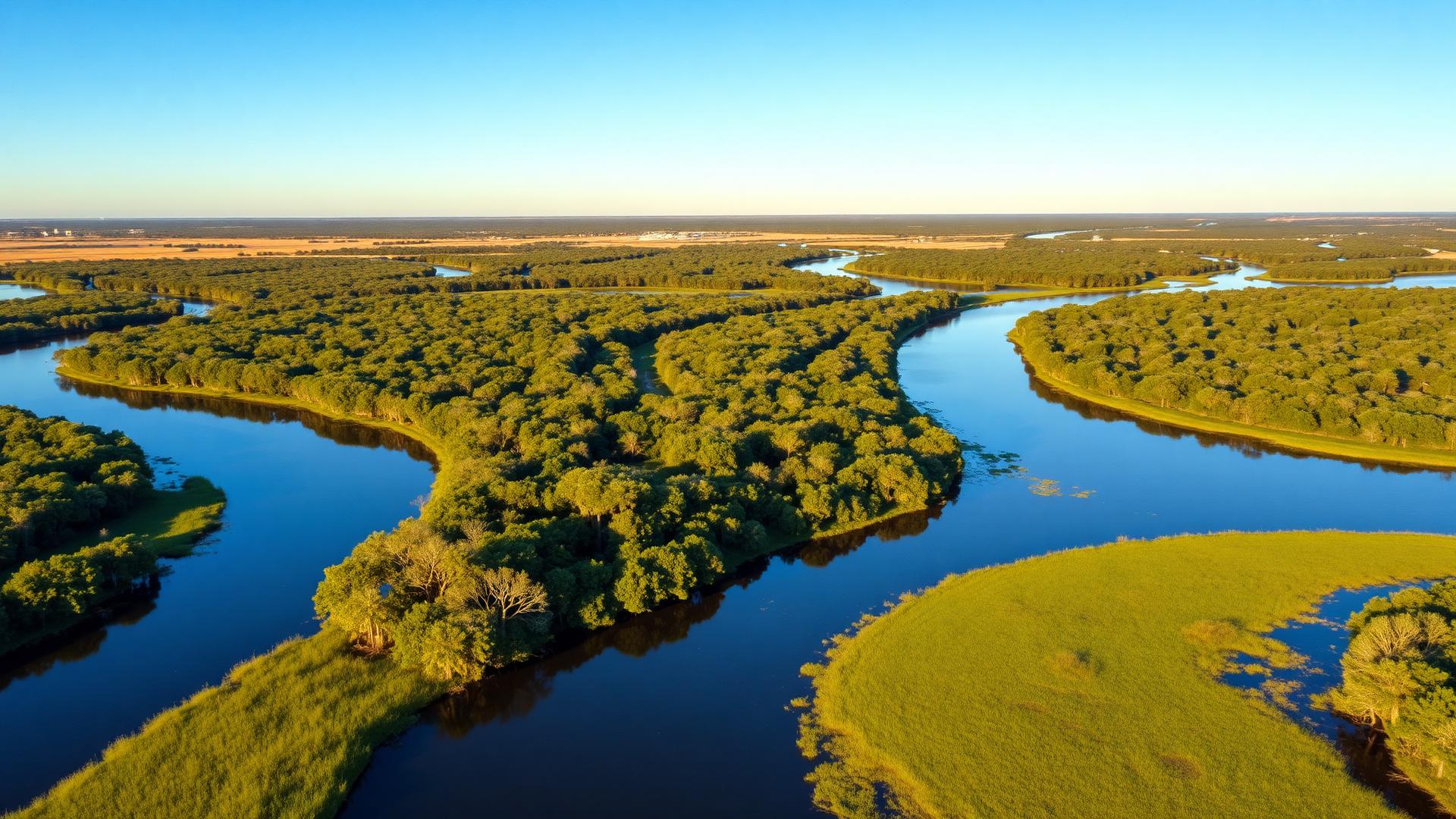 Aerial view of Louisiana bayou landscape with lush wetlands and winding waterways
