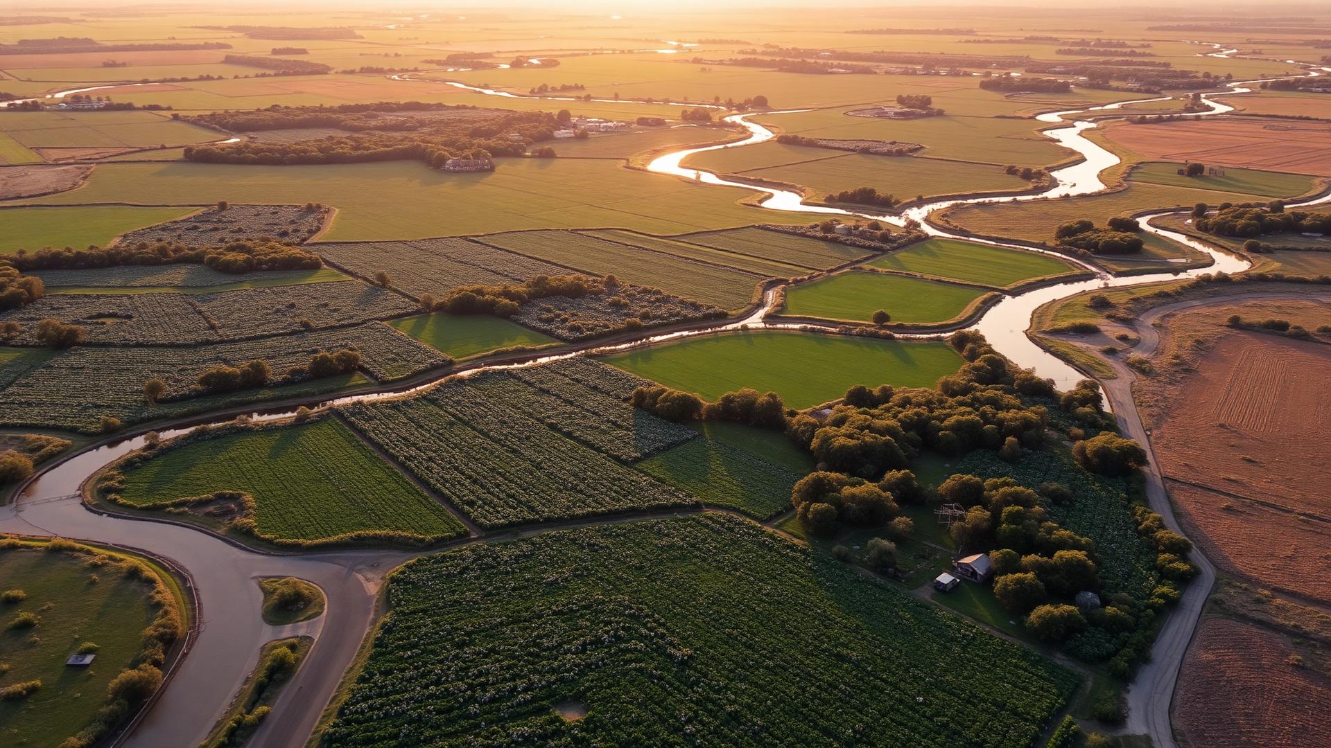 Aerial view of Mississippi Delta farmland with meandering rivers and cotton fields at golden hour