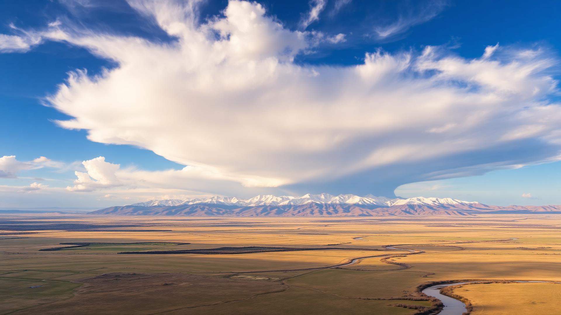 Aerial view of Montana Big Sky Country with vast grasslands, snow-capped Rocky Mountains, and winding river at golden hour