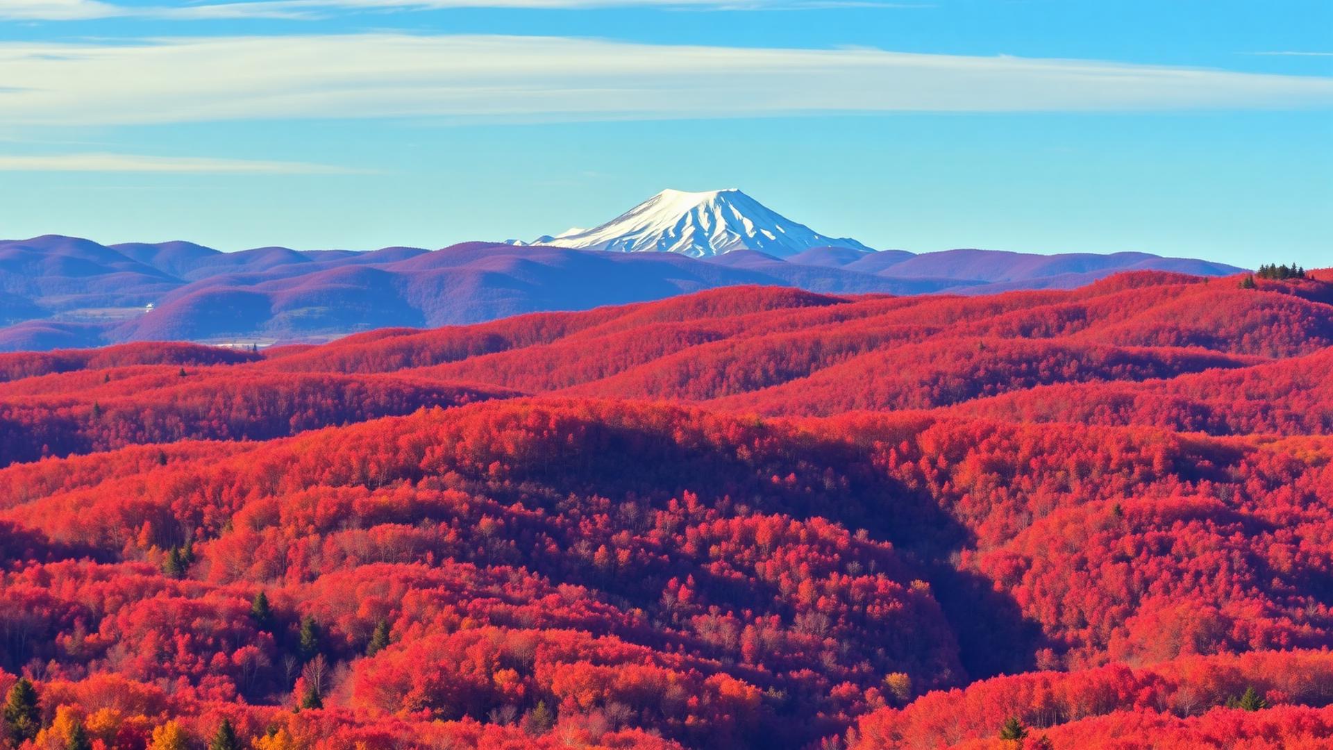 Aerial view of New Hampshire White Mountains autumn foliage with snow-capped peaks and rolling hills of land for sale
