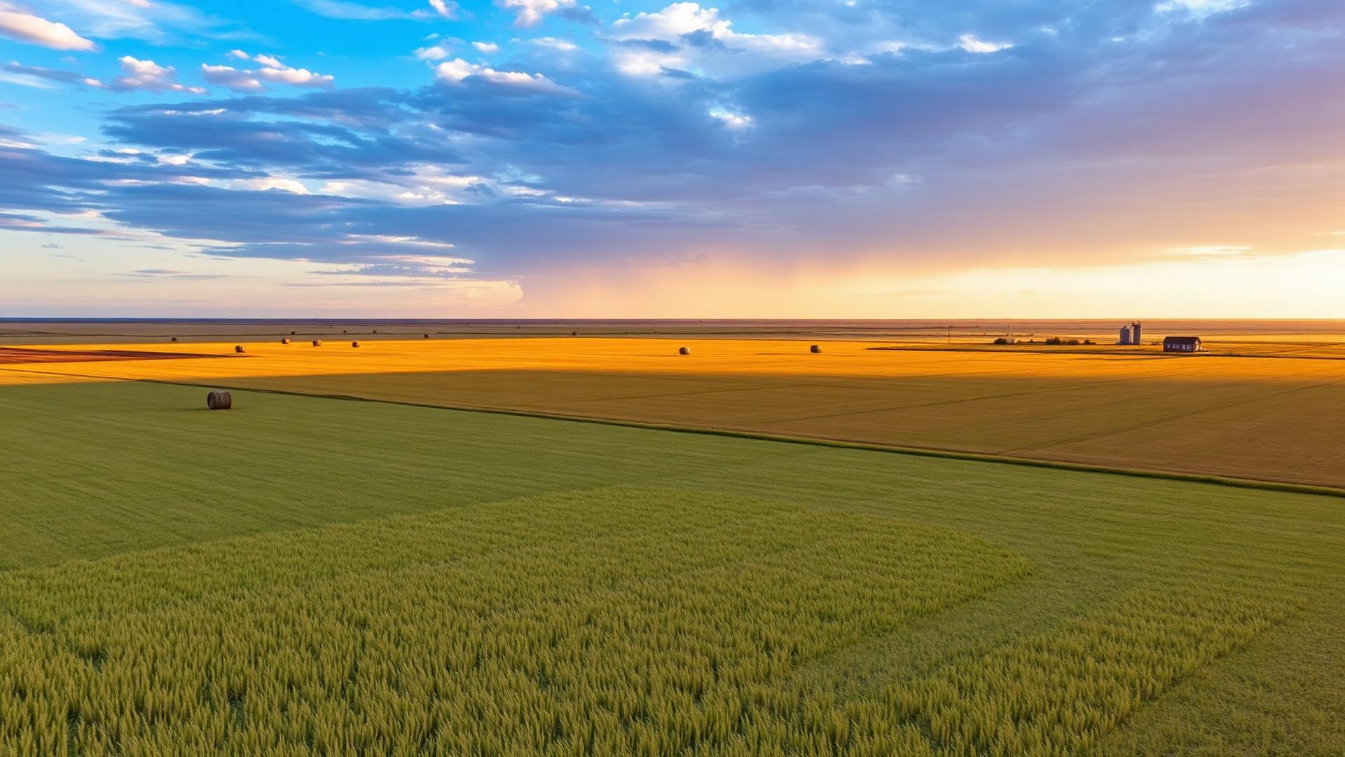 Aerial view of vast North Dakota prairie grassland and wheat fields at golden hour