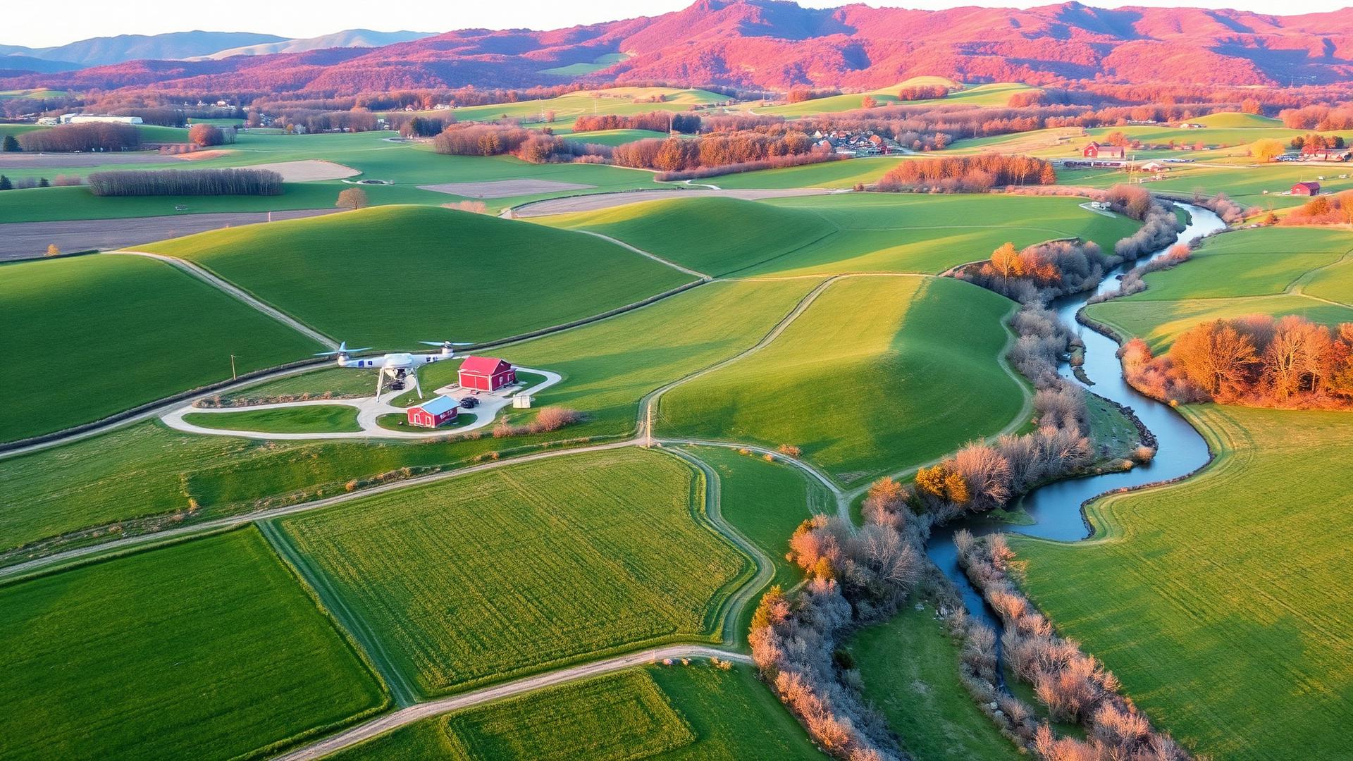 Aerial view of Ohio rolling farmland with red barns, winding creek, and Appalachian foothills