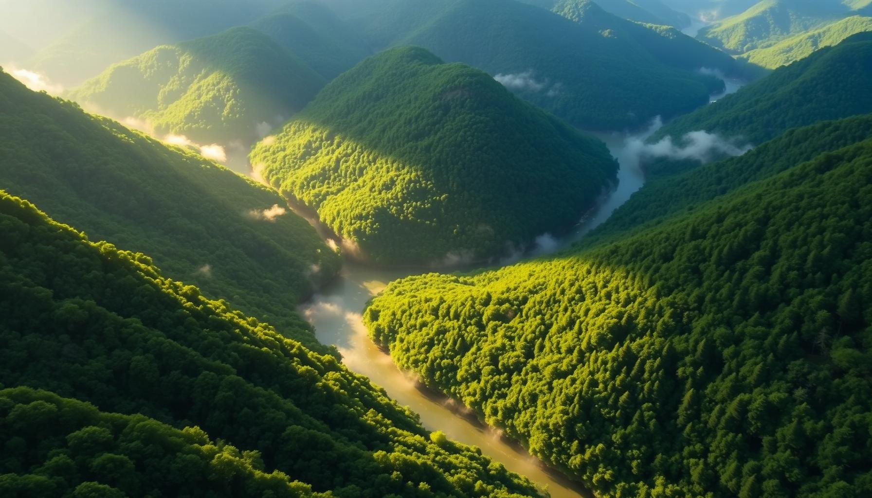 Aerial view of lush Appalachian mountain valleys and winding rivers in West Virginia showing land for sale