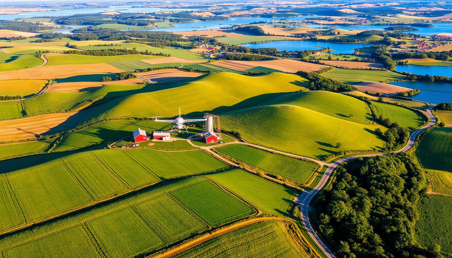 Aerial view of Wisconsin rolling dairy farmland with red barns, silos, and blue lakes showing land for sale