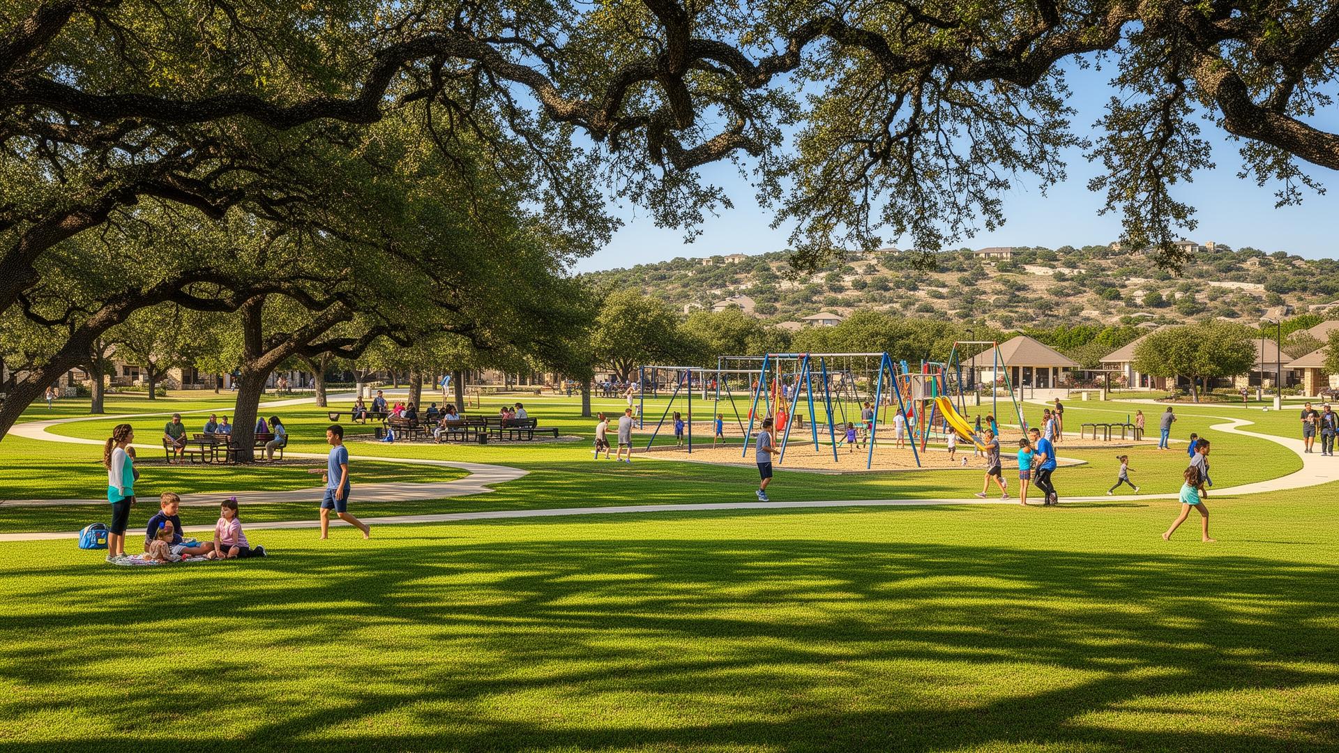 Stone Oak Park in San Antonio Texas with families enjoying outdoor activities