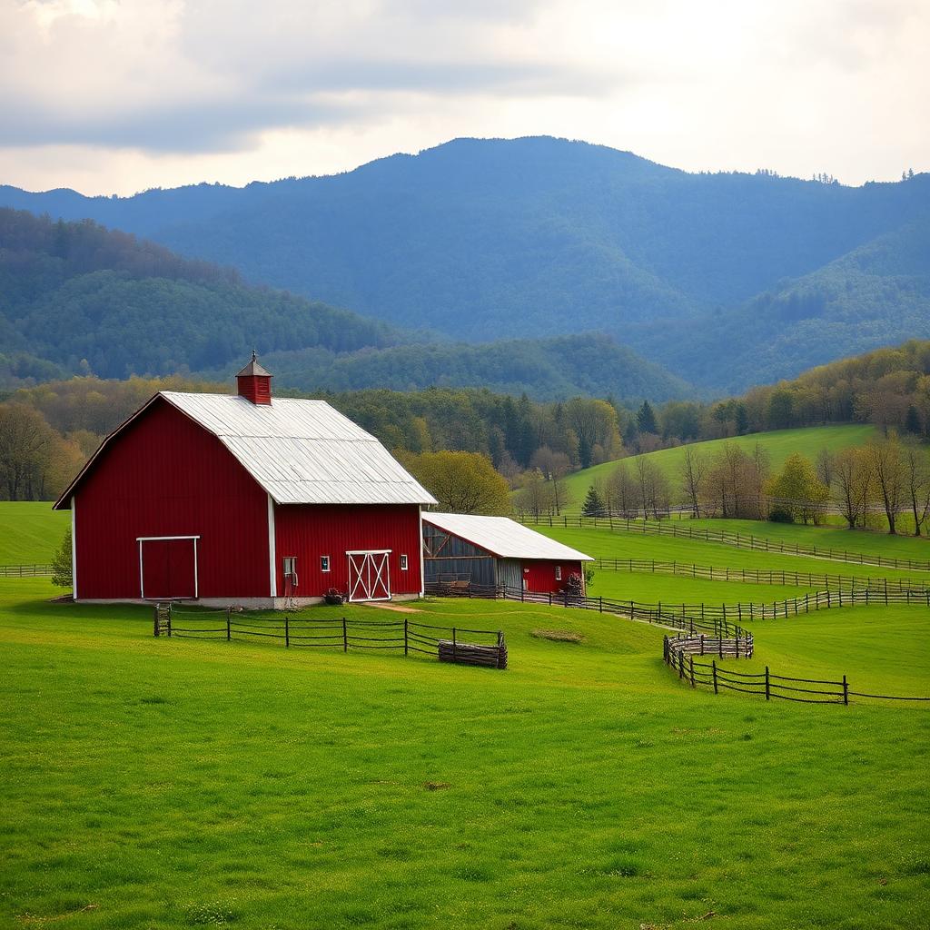 Red barn and farmland in Sullivan County with Appalachian foothills
