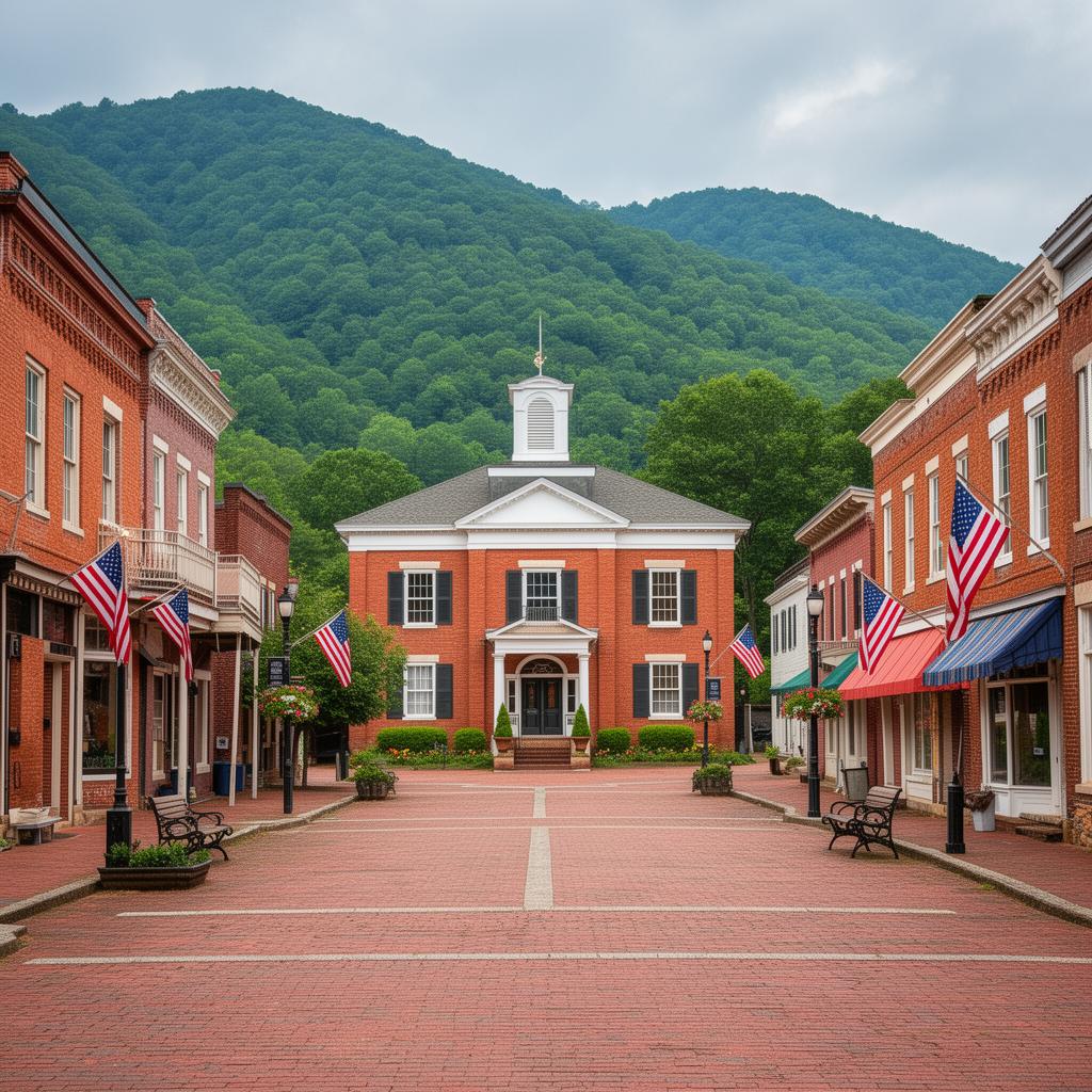 Historic downtown Tazewell Virginia with brick courthouse and American flags