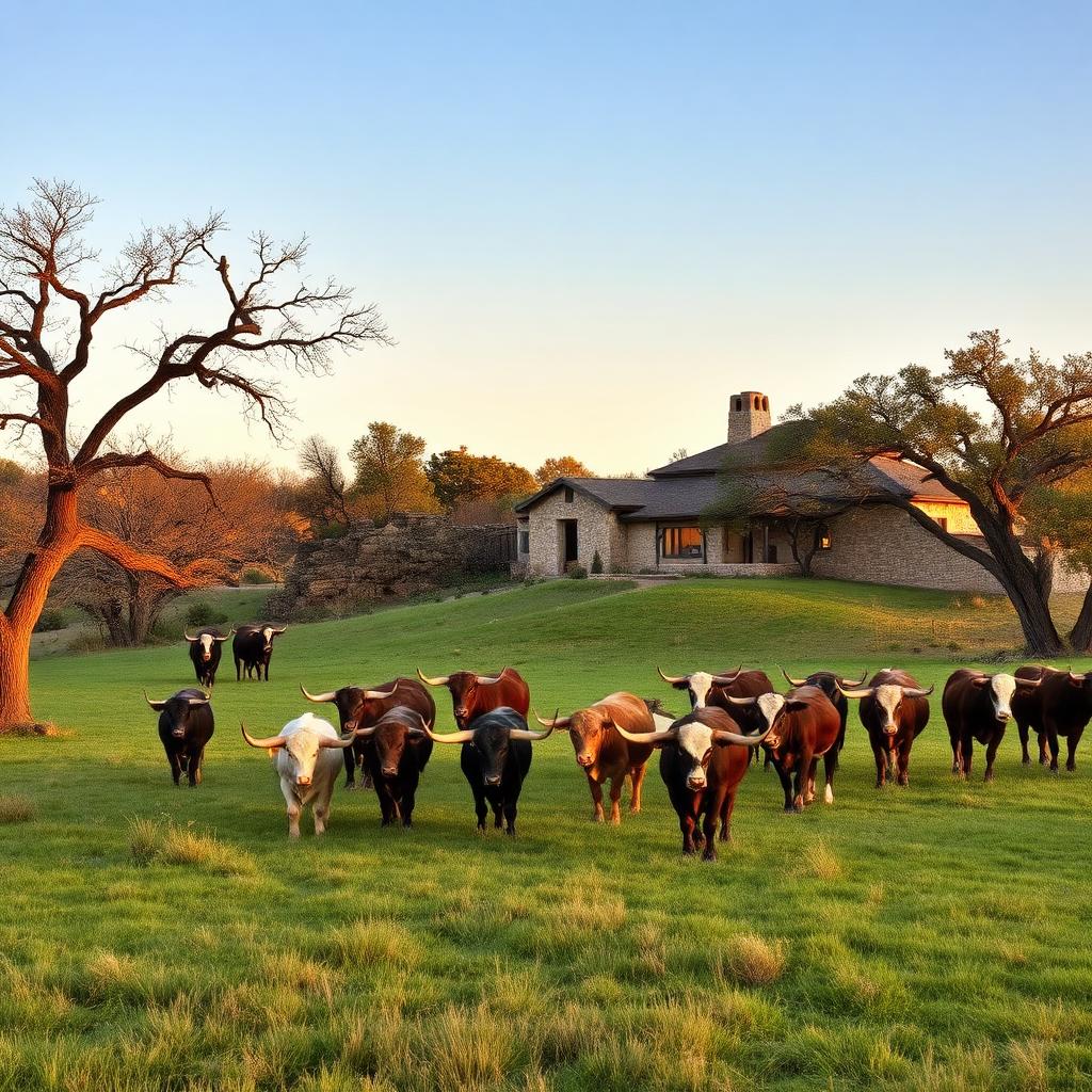 Texas Hill Country ranch with Longhorn cattle grazing on green pastures