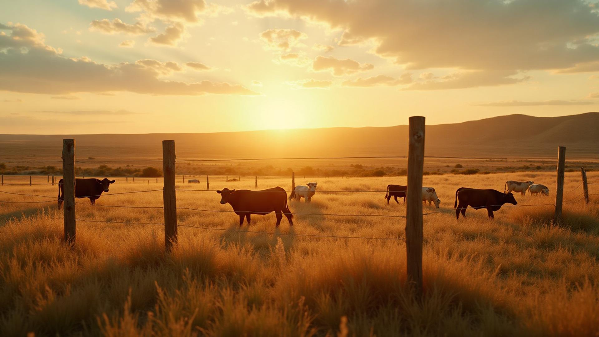 Beautiful Texas ranch at sunset with cattle grazing