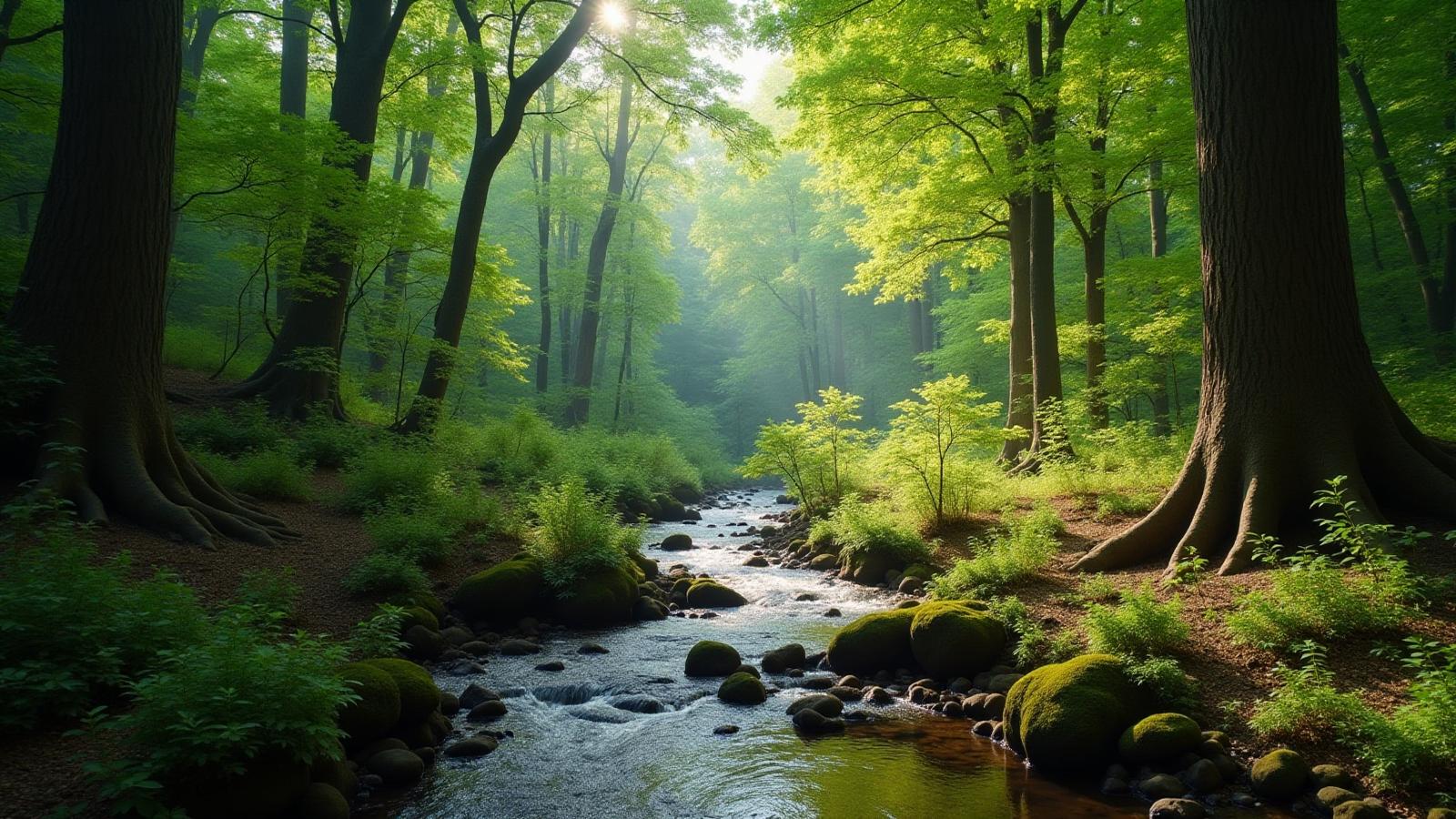 Pristine North Carolina forest with stream showcasing biodiversity conservation