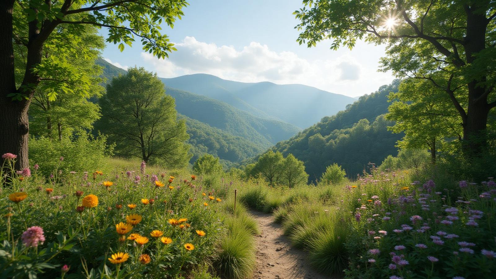 Protected North Carolina mountain landscape with native wildflowers and conservation trail