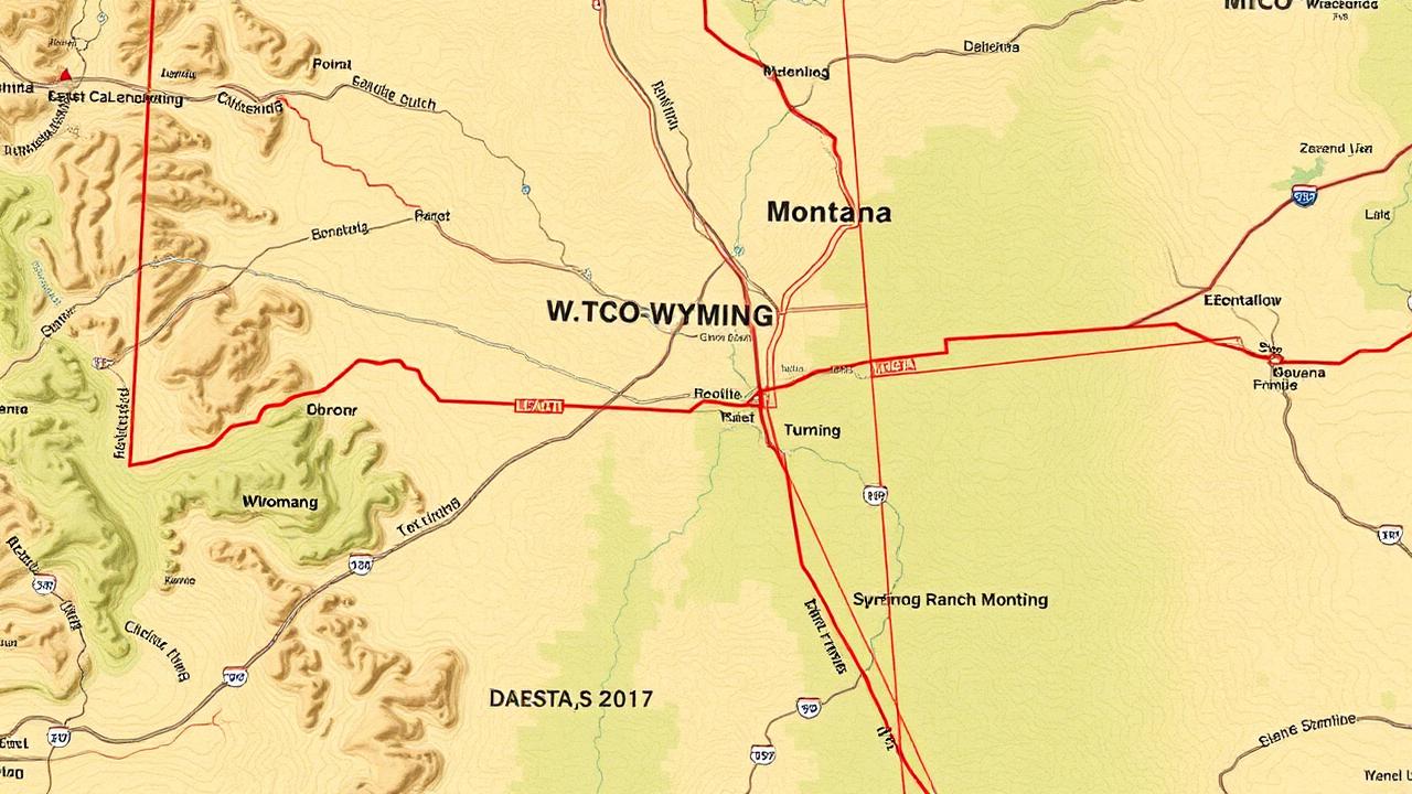 Topographic map showing tri-state ranch boundaries across Wyoming, Montana, and South Dakota