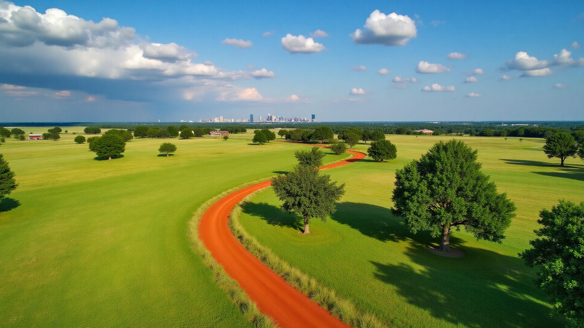 Rolling prairie land with red dirt road in Tulsa County, Oklahoma