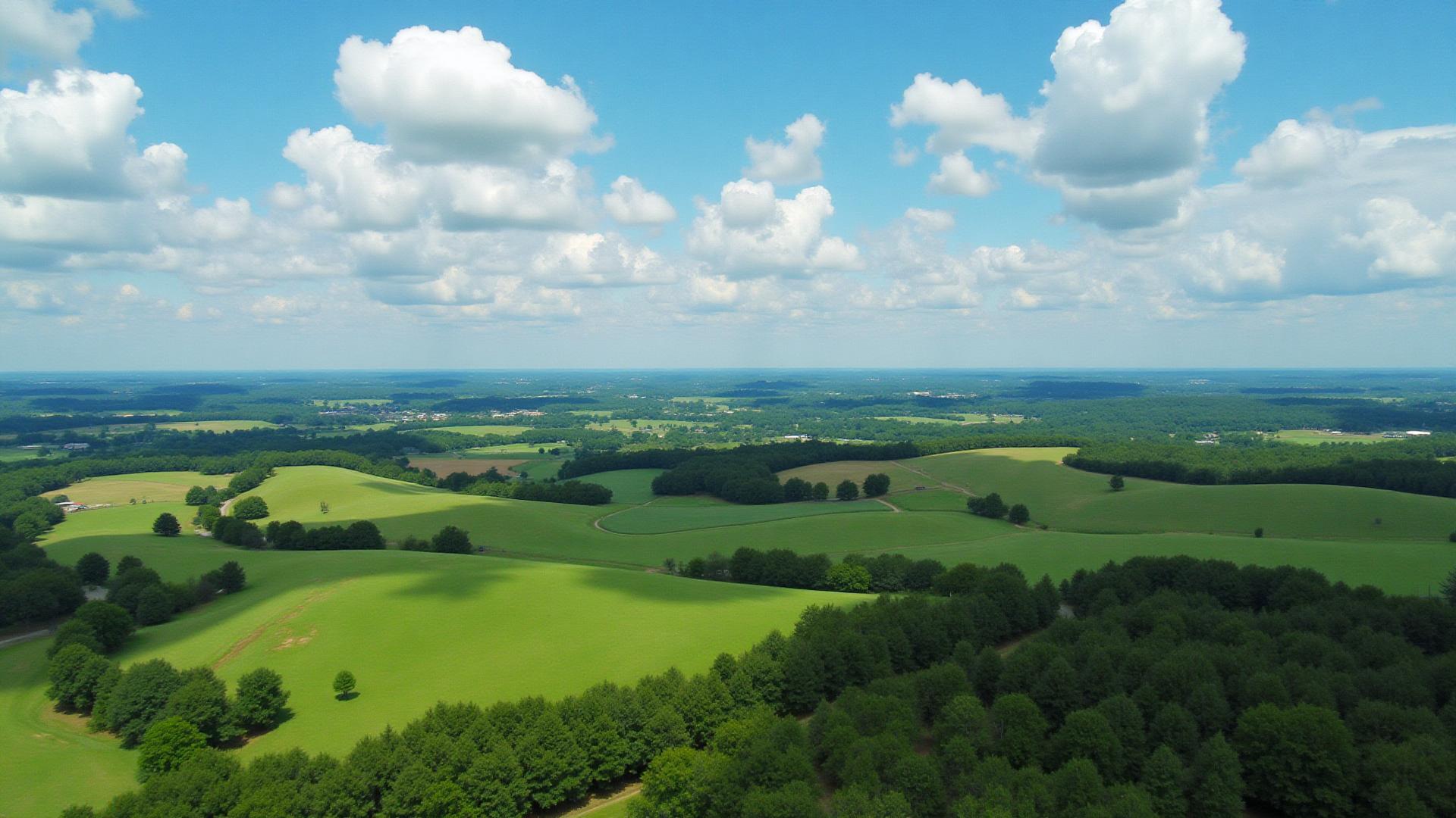 Rolling farmland and green pastures in Tuscaloosa County, Alabama
