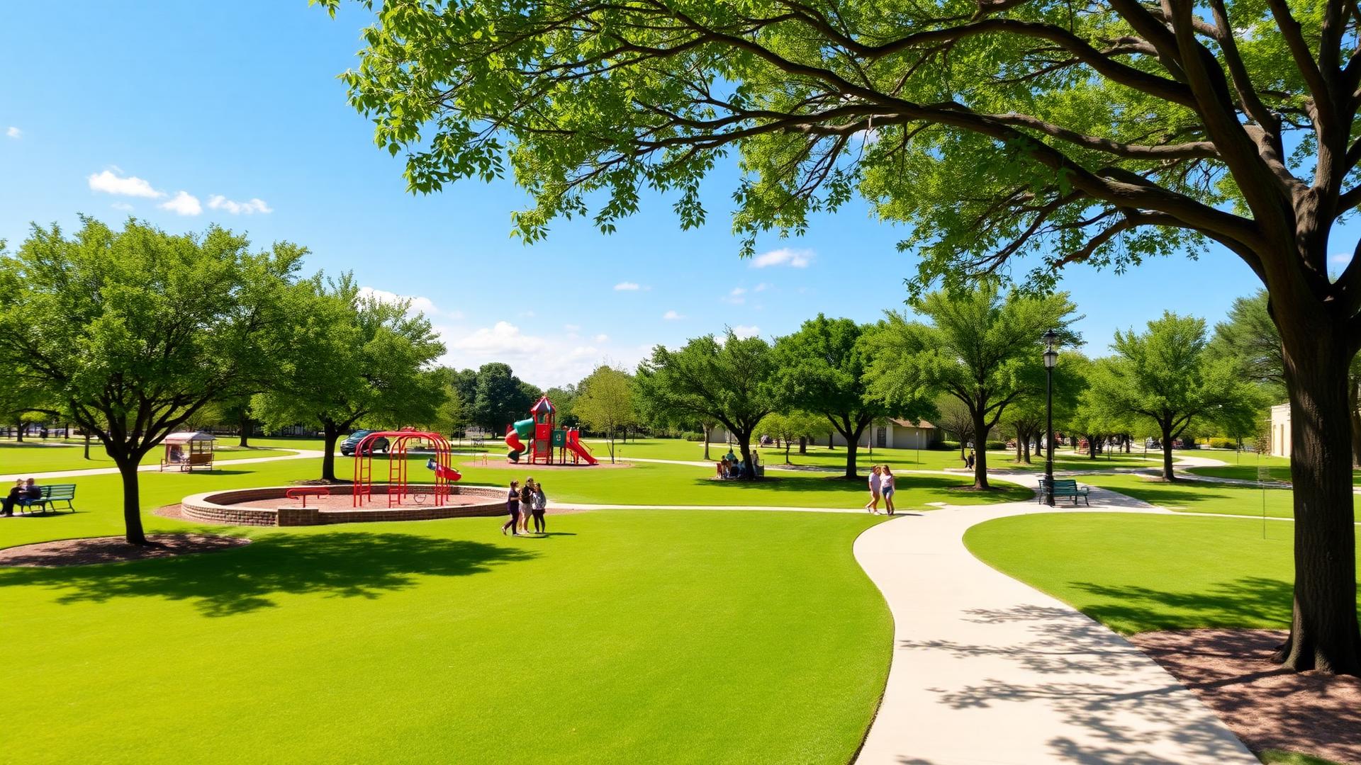 Community park in Universal City Texas with families enjoying outdoor activities
