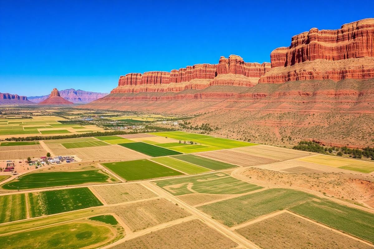 Utah ranch land with irrigated pastures against red rock cliffs