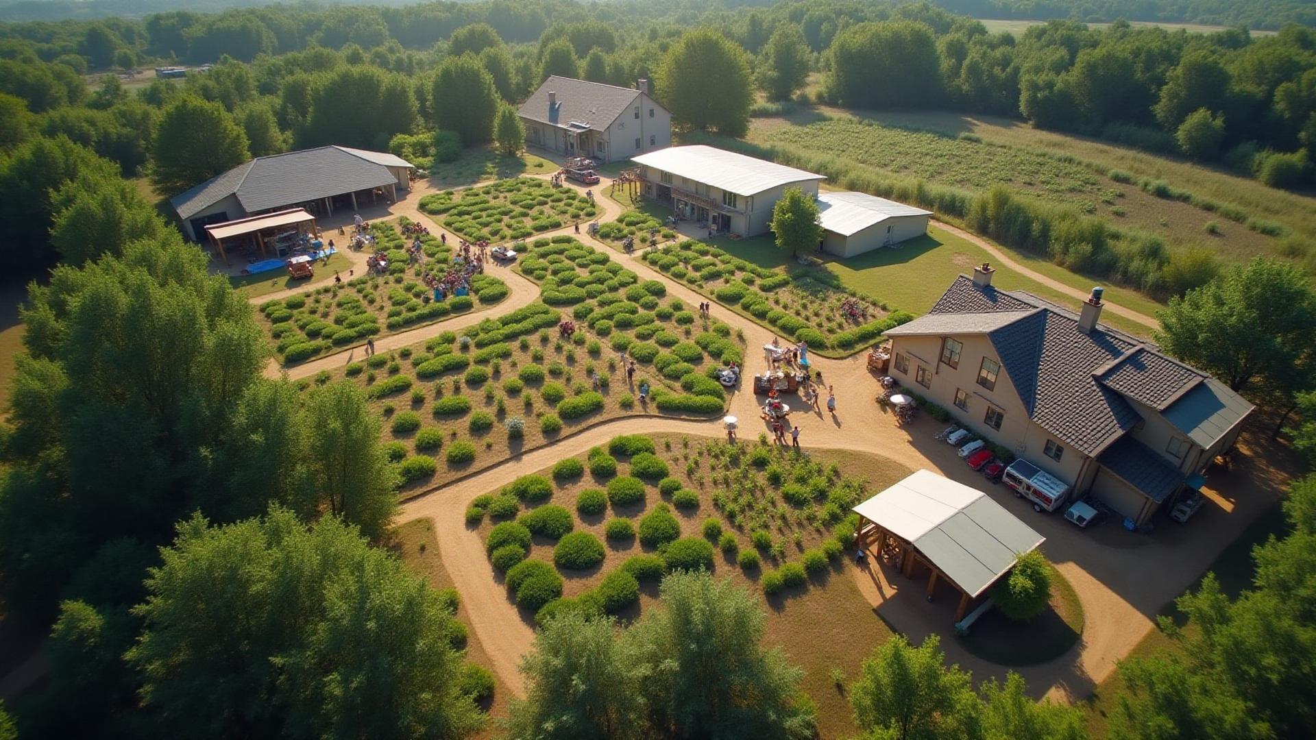 Aerial view of vacant land with various income-generating uses including gardens and events