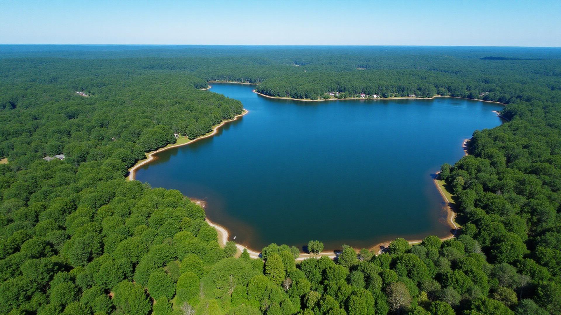 Kerr Lake reservoir in Vance County North Carolina with lush forests
