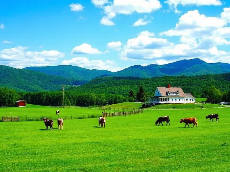 Vermont farmland with green pastures and Green Mountains