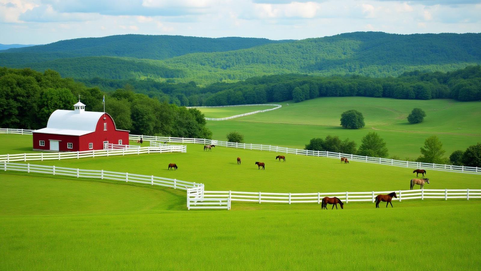 Virginia farmland with horses and red barn