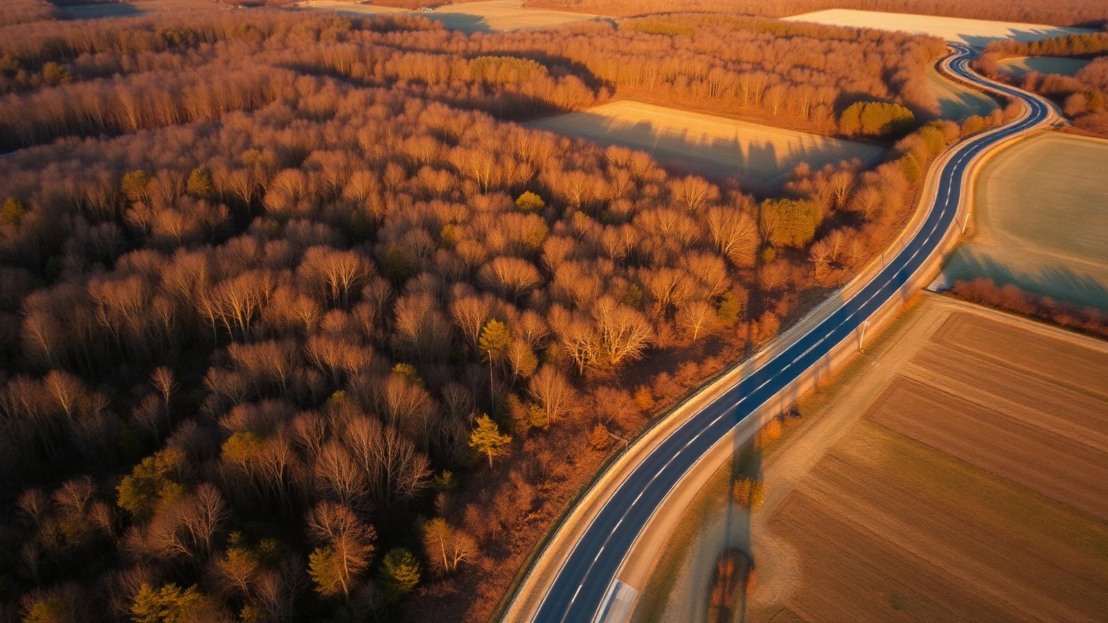 Aerial view of Virginia countryside with mixed hardwood forest, cleared farmland, and a winding rural road with visible road frontage