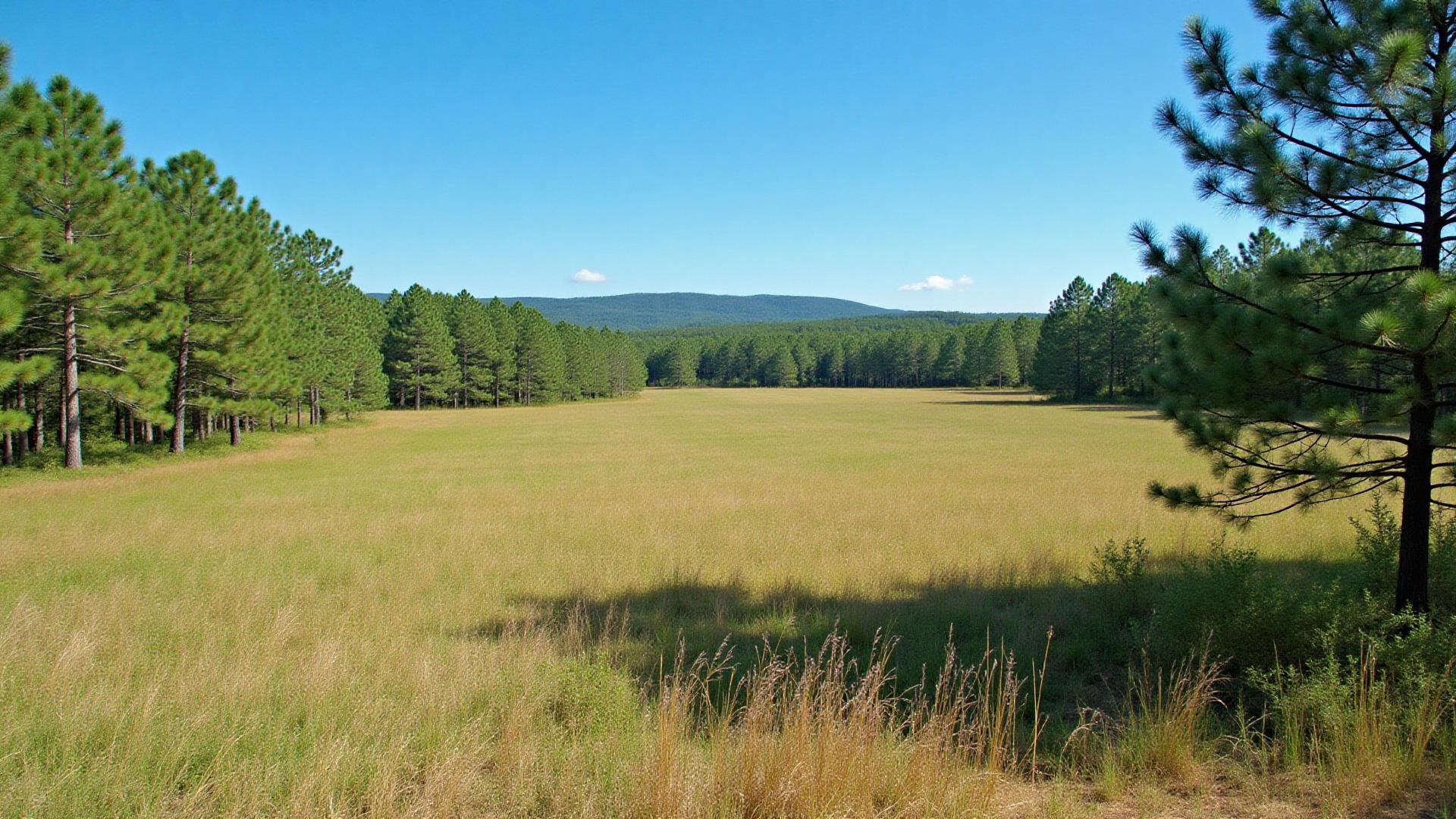 Open meadows and pine forests on vacant land in Walker County, Alabama