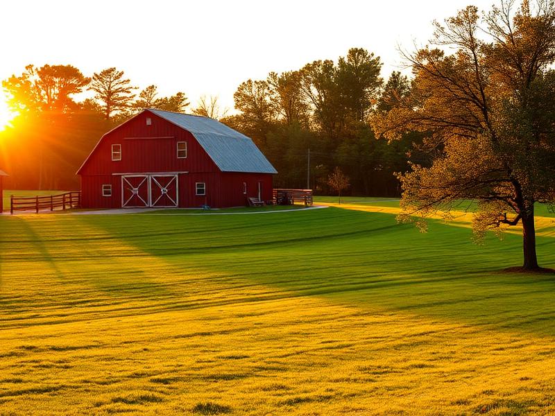 Walton County Georgia countryside with red barn at sunset