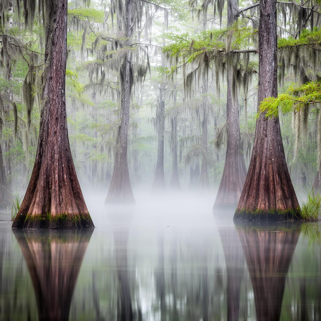Okefenokee Swamp cypress trees in misty water