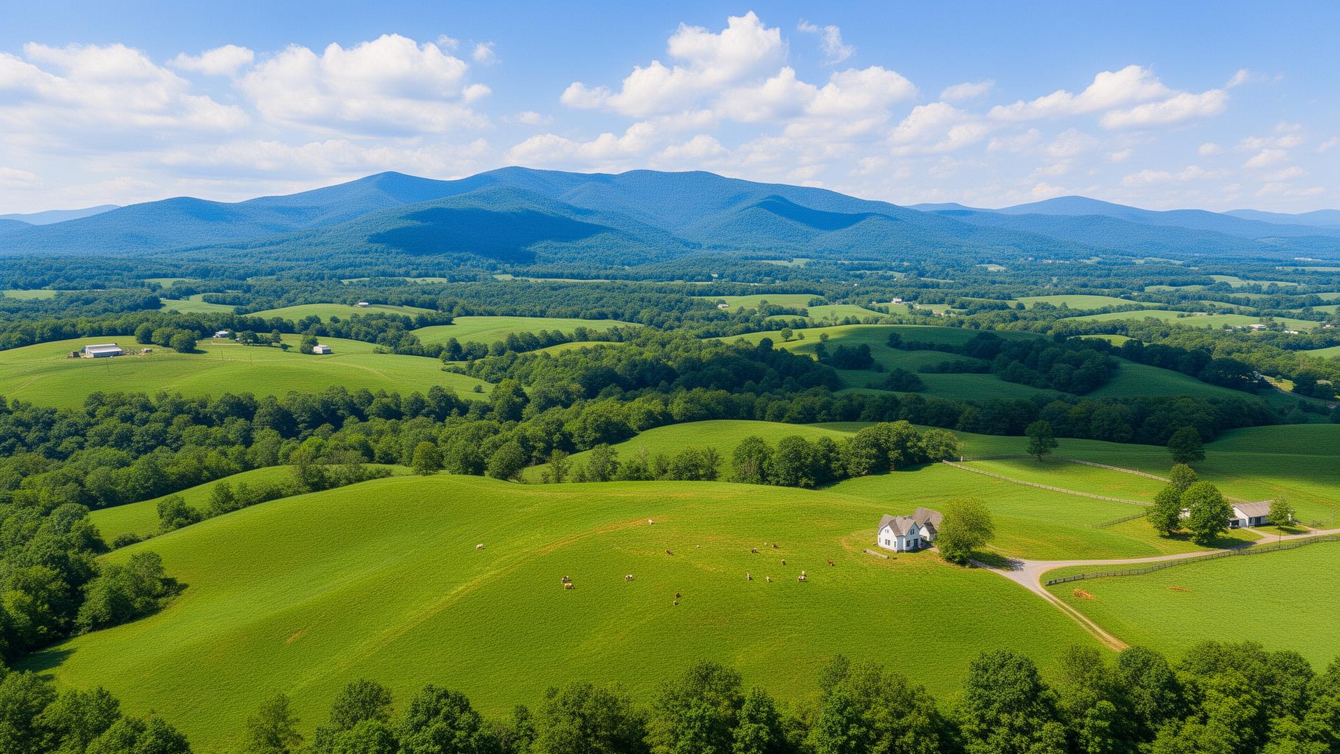 Warren County Virginia rolling farmland with Blue Ridge Mountains