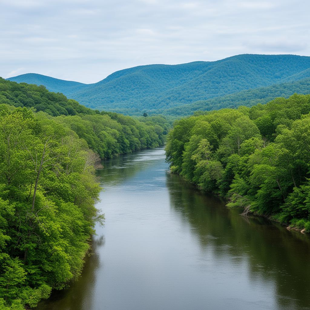 Shenandoah River with forested banks and Blue Ridge foothills
