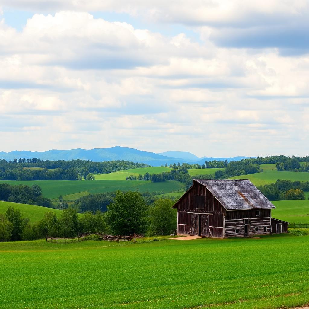Historic barn and farmland in Washington County with Blue Ridge Mountains