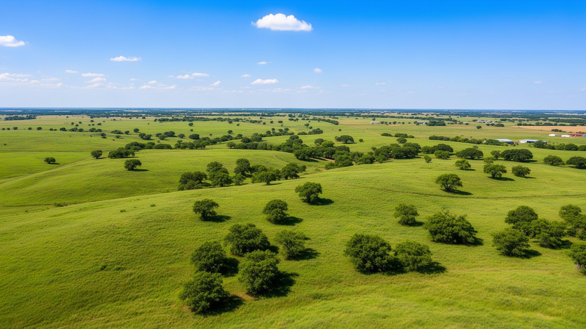 Aerial view of Washington County Oklahoma rolling prairie land with scattered trees