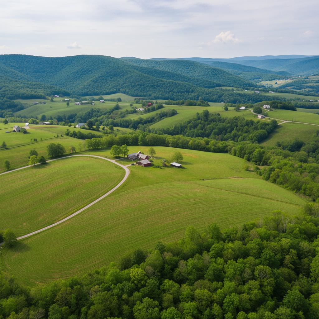 Aerial view of Washington County Maryland farmland with Appalachian foothills