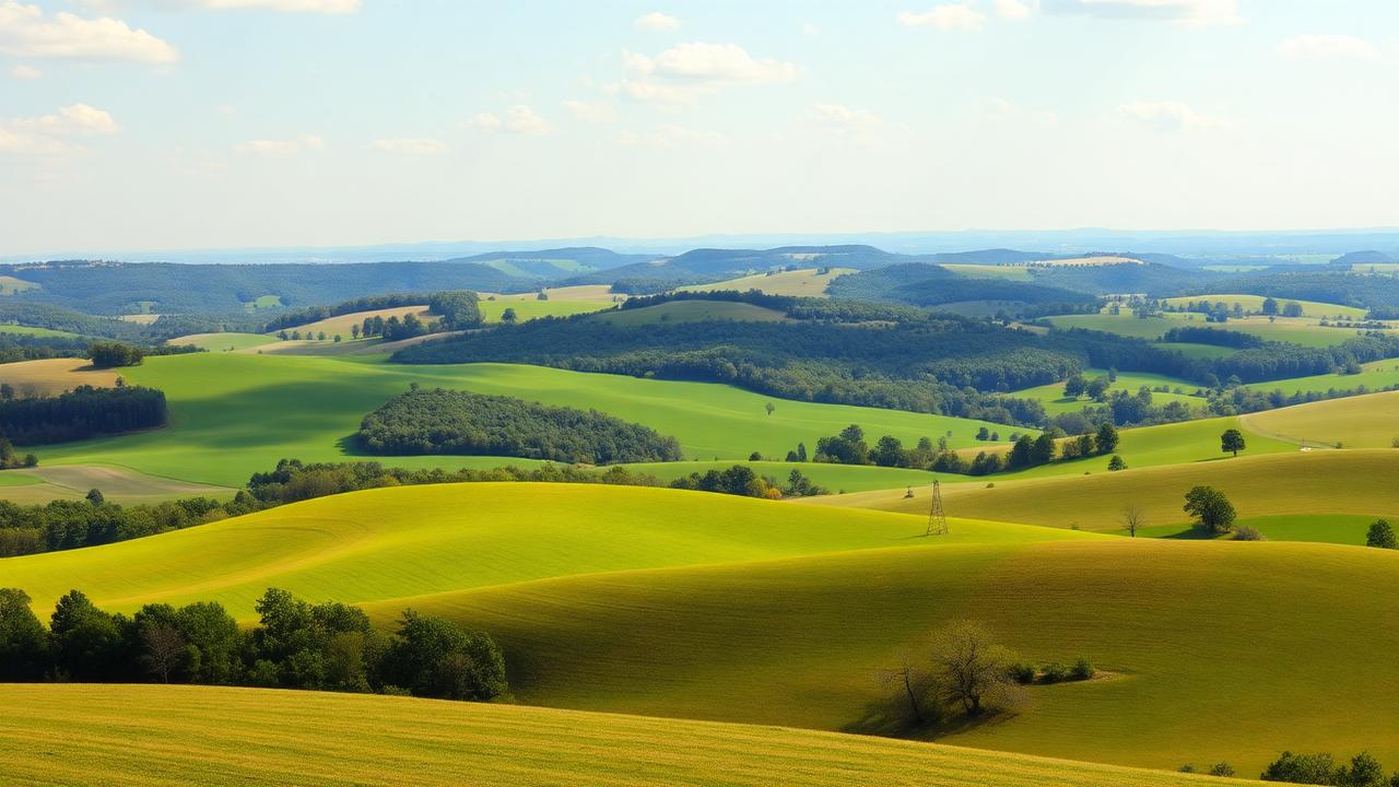 Rolling hills and green pastures in Washington County, Arkansas
