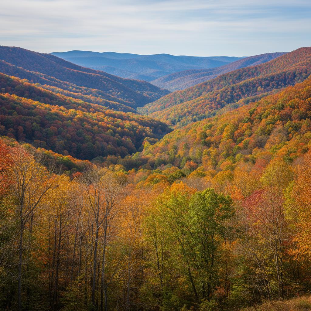 Scenic mountain valley with autumn colors in Washington County Tennessee